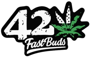 Fast Buds Logo displaying white text 42 Fast Buds with a stylized green cannabis leaf and splatter design, set against a black background.