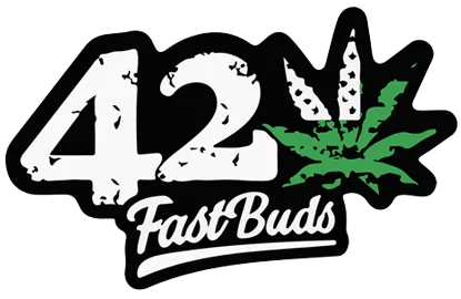 Fast Buds Logo displaying white text 42 Fast Buds with a stylized green cannabis leaf and splatter design, set against a black background.