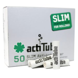 Filtros actiTube Slim 7 mm de carbón activado con caja de 50 unidades para una filtración eficiente del humo.