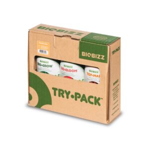 BioBizz Try Pack Indoor con fertilizantes Bio-Grow, Bio-Bloom y Top-Max para cultivo de cannabis en interior..