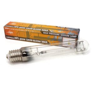 Bombilla HPS Pure Light Grow-Bloom Max para cultivo interior con lámpara de sodio de alta presión.