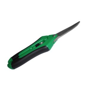 Tijeras de poda Bud Cutter curvas con hojas de acero inoxidable para manicurar cogollos de cannabis.
