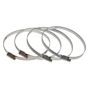 Brida metálica para conductos 100mm de acero galvanizado con tornillo de ajuste para sistemas de ventilación.