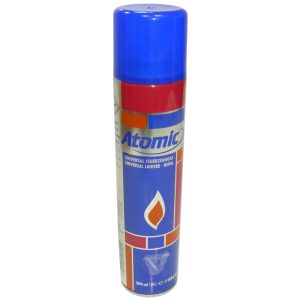 Gas Atomic universal refinado (300 ml) para recargar mecheros, sopletes y encendedores de gas.
