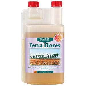 CANNA Terra Flores fertilizante líquido para la fase de floración en cultivos de cannabis en sustrato de tierra.