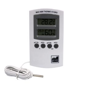 Termohigrómetro DTH-16 con sonda externa y pantalla digital.