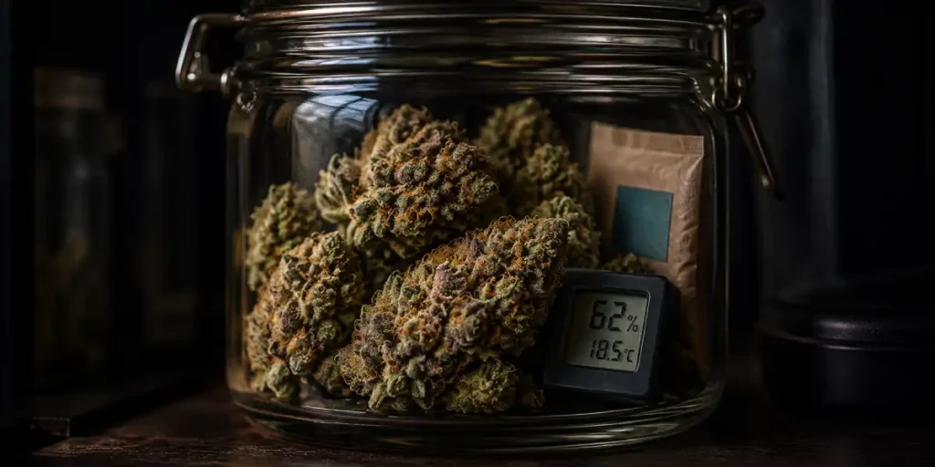 Cogollos de marihuana en un bote hermético con control de humedad