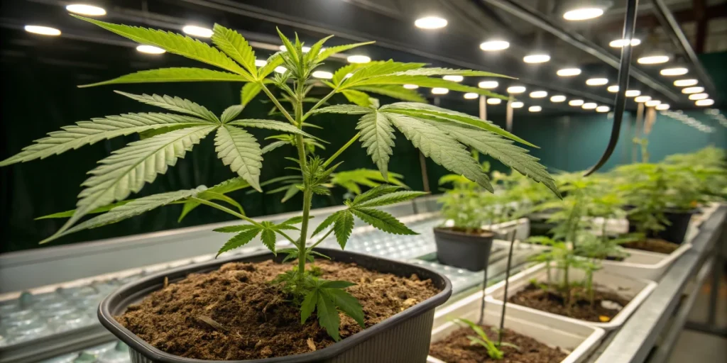 Sala de cultivo interior de marihuana con plantas en floración