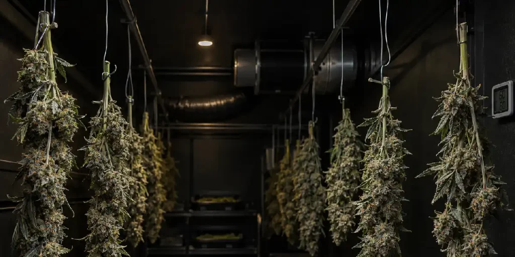 Marihuana secándose y cogollos almacenados en frascos durante el curado