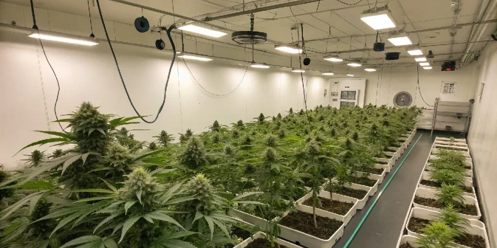 Planta de cannabis en floración bajo luz LED en cultivo interior para explicar cómo reducir el olor