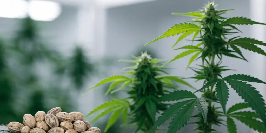 Plantas de marihuana en floración junto a semillas antes del momento de la cosecha