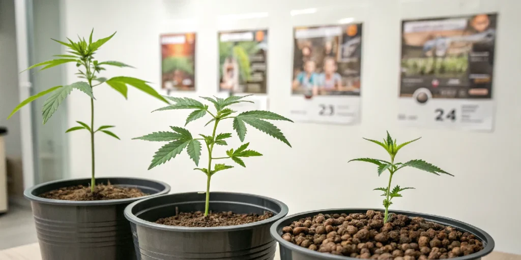 Plantas autoflorecientes jóvenes junto a un calendario para representar la duración del cultivo