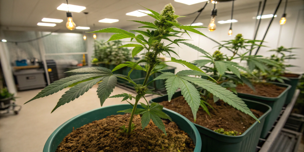 Planta de cannabis en maceta mostrando una estructura útil para comparar índica, sativa e híbrida