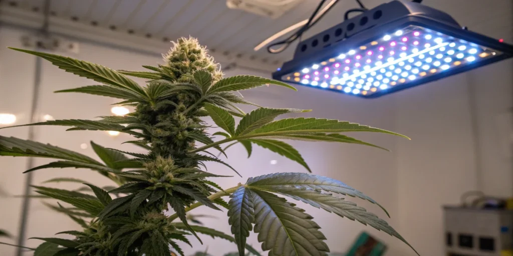Plantas de cannabis en cultivo interior con ventiladores y sistema de ventilación para controlar el olor
