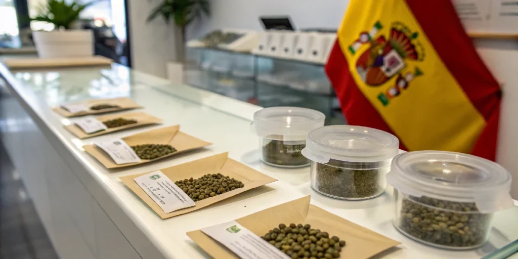 Semillas de cannabis en una tienda con bandera española al fondo