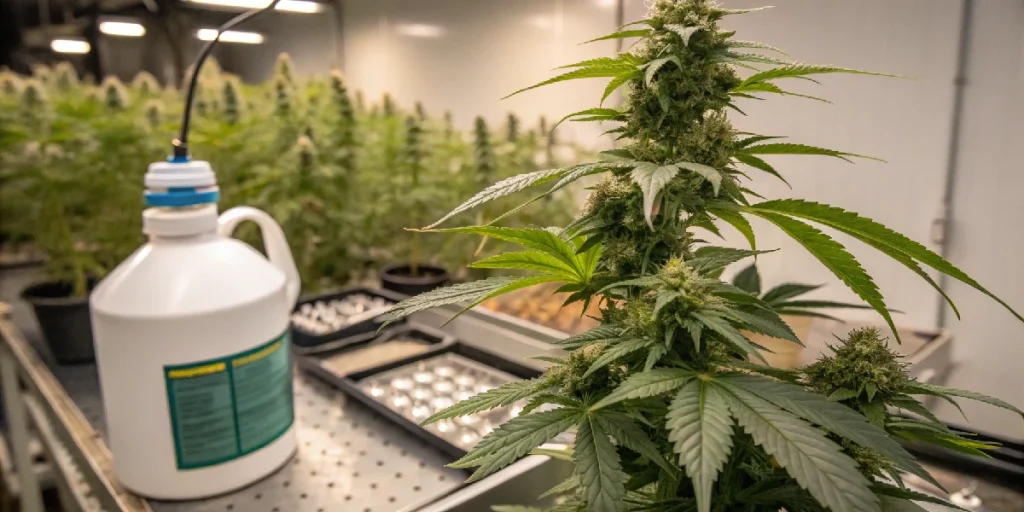 Planta de cannabis en floración junto a un fertilizante líquido en cultivo interior