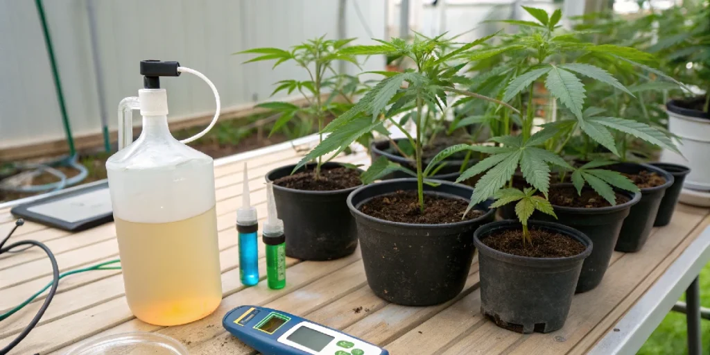 Equipo para medir el pH del agua de riego junto a plantas de marihuana en cultivo interior