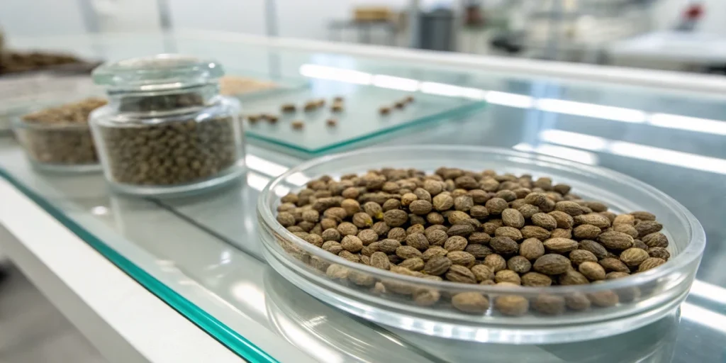 Semillas de cannabis sobre papel húmedo con algunas raíces emergiendo durante la germinación
