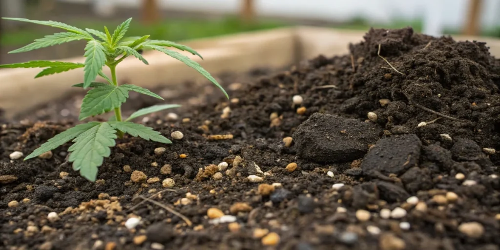 Planta joven de cannabis cultivada en tierra para representar semillas CBD
