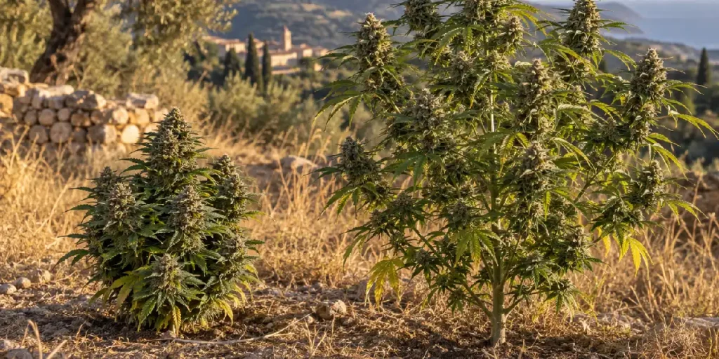 Plantas de marihuana de floración rápida en distintas etapas de desarrollo en exterior