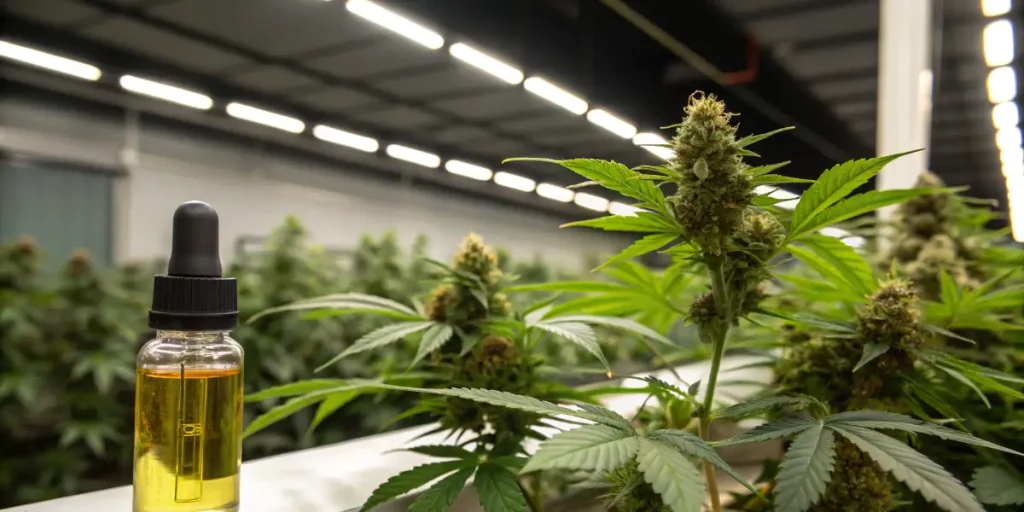 Planta de cannabis junto a aceite de neem para el control de plagas