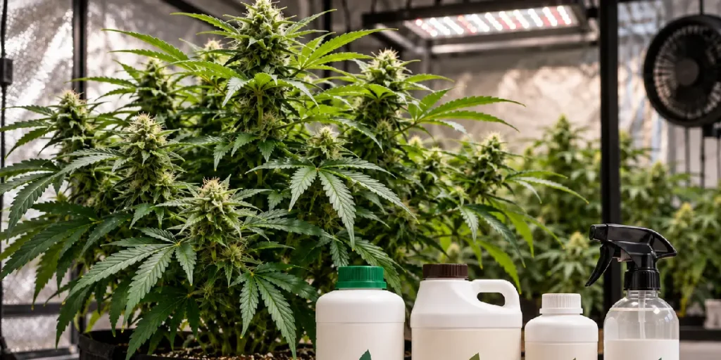 Planta de cannabis junto a producto con Bacillus thuringiensis para el control de plagas