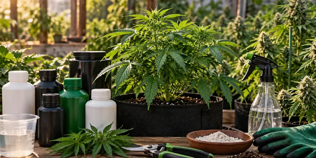 Bioestimulantes y fungicidas para cannabis junto a plantas en crecimiento