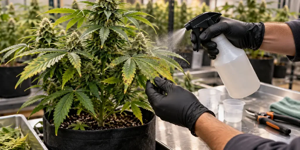 Planta de cannabis junto a fungicida para el control de hongos y enfermedades fúngicas