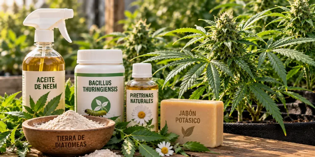 Plantas de cannabis con insecticidas biológicos para prevenir y controlar plagas