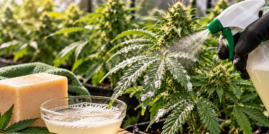Plantas de cannabis con jabón potásico para prevenir y combatir insectos